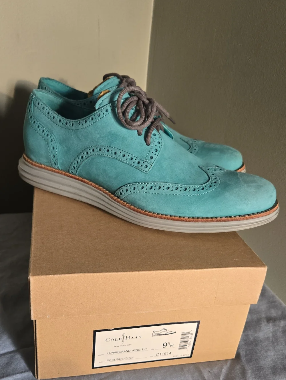 Men's Cole Haan Lunargrand Wingtip Turquoise Suede Oxfords Sz 9.5